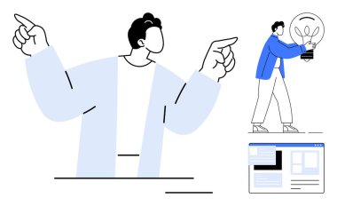 İki eliyle hareket eden soyut bir insan, parlayan bir ampul taşıyan bir diğeri ve bir web arayüzü. Yaratıcılık, takım çalışması, yenilik, liderlik, beyin fırtınası, tasarım iş stratejisi için ideal