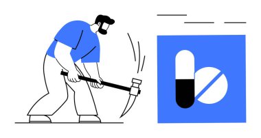 Büyük boy kapsül ve tablet simgelerinin yanında çekiç sallayan adam geleneksel tıbba meydan okuyor. Sağlık tercihleri, alternatif tedavi, sağlık değişikliği, kişisel kararlar, bozulma için ideal