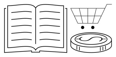 Görünür metin satırları, minimalist alışveriş sepeti ve bozuk para içeren açık bir kitap. Eğitim, e-ticaret, finans, öğrenme, online alışveriş bütçesi için ideal. Basit düz metafor