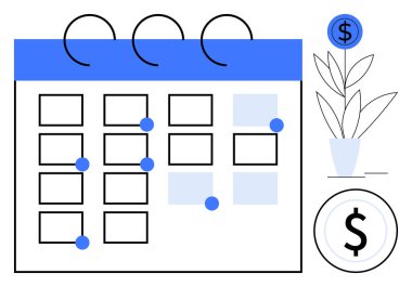 İşaretli tarihli takvim, çömlekteki para kaynağı, maddi büyümeyi, zamanlamayı ve planlamayı vurgulayan dolar işareti madeni para. Finans, büyüme, zaman yönetimi, tasarruf yatırım stratejisi için ideal