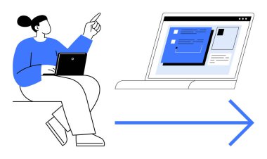 Bir dizüstü bilgisayarla oturan ve mavi elementlerle arayüzü gösteren büyük bir ekrana bakan kişi. Teknoloji için ideal, çevrimiçi işbirliği, dijital iş akışı, eğitim, takım iletişimi