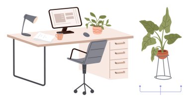 Bir bilgisayar, ofis sandalyesi, masa lambası, kahve fincanı, kağıtlar ve ev bitkileriyle kurulmuş bir masa. Üretkenlik, çalışma alanı, uzak çalışma yaratıcılığı modern ofis organizasyonu için idealdir.