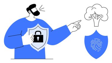 Kişi, bir ağaca ve parmak izi güvenlik rozetine işaret ederken asma kilit sembollü bir kalkan tutuyor. Dijital güvenlik, veri gizliliği, eko-teknoloji, biyometrik, güven, koruma, basit