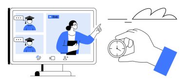 Bilgisayar ekranında sanal sınıfta öğrenci-öğretmen etkileşimi görülüyor. El ele tutuşan kronometre, zaman yönetimini simgeliyor. Eğitim, e-öğrenim, webinar, uzaktan eğitim için ideal