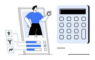 Fitness ilerlemesini aktivite seçenekleriyle analiz eden adam, mobil uygulama istatistikleri, planlama için hesap makinesinin yanında. Sağlık takibi, uygulama tasarımı, hedef belirleme, bütçe oluşturma, üretkenlik, organizasyon için ideal
