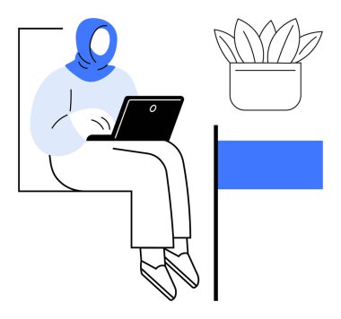 Başörtüsü takmış bir kadın, masa başında otururken dizüstü bilgisayar kullanıyor. Üretkenlik, uzak çalışma, eğitim, çeşitlilik, minimalizm, farkındalık ve modern yaşam tarzı için idealdir. Basit bir daire.