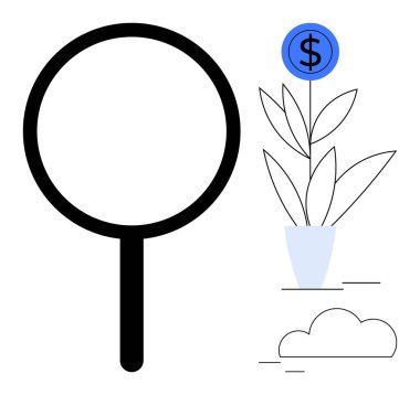 Yakınlarda bir dolar tomurcuklanan ve bulutları olan saksı bitkisine odaklanan büyüteç. Finans, yatırım, büyüme, analiz, strateji, iş planlaması, sürdürülebilirlik için ideal. Basit bir daire.