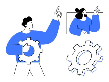 Ekip üyesi teçhizatı tutuyor ve yukarı doğru doğrultuyor. Bir diğeri de neredeyse ateş ediyor. Takım çalışması, yenilik, problem çözme, işbirliği, dijital iletişim, liderlik, basit düz metafor