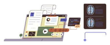 Belgeler, kodlar, ses araçları, görseller ve beyin görüntüleme taramalarıyla bağlantılı videoları gösteren bir dizüstü bilgisayar. Yapay zeka, programlama, yenilik nörobilim, teknik eğitim, yaratıcı düşünce için idealdir. Basit.