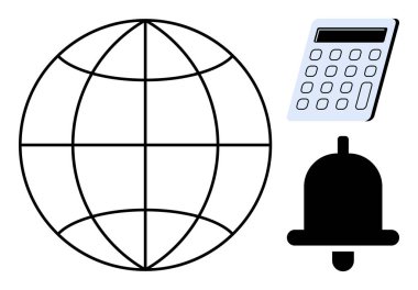 Şebeke çizgileri olan dünya, hesaplamayı ve finansal kararları sembolize eden hesap makinesi, uyarı çanı. Teknoloji, iletişim, alarm, matematik, küresel çerçeve ve basit bir daire için ideal