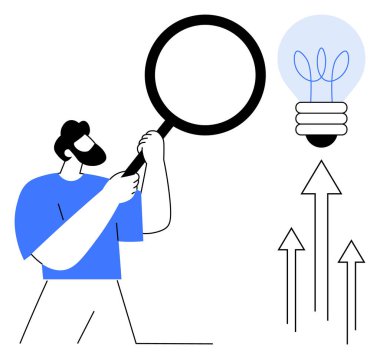 Adam, parlayan bir ampul ve yukarı doğru çıkan okların yanında büyük bir büyüteç tutuyor. Büyüme, yenilik, analiz, fikir üretimi, problem çözme, vizyon, iş geliştirme için idealdir. Çok basit.