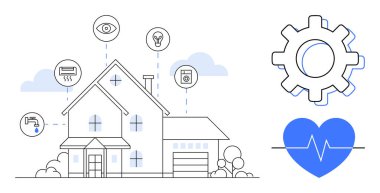 Enerji, güvenlik, aydınlatma, cihazlar ve daha fazlası için ikonlara bağlı IoT cihazları olan akıllı bir ev. Ev yeniliği, teknoloji, bağlantı, otomasyon verimliliği güvenlik enerjisi için ideal