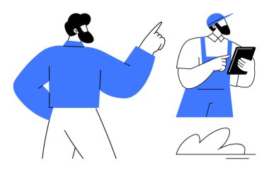 Tabletli teknisyen not alırken, yönetici talimat veriyor. Takım çalışması, liderlik, rehberlik, proje yönetimi, iletişim, işyeri rolleri, karar verme süreci için ideal. Basit düz metafor