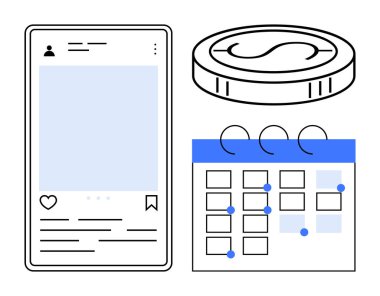 Sosyal medya paylaşımı, planlanmış öğelerle takvim, ve parayı sembolize eden planlama, nişan ve para. İçerik stratejisi, pazarlama, organizasyon ve finans planlaması için ideal