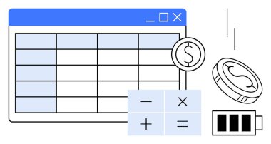 Hesap sembolleri, para birimi paraları ve pil ikonu ile hesap tablosu arayüzü. Finans, bütçe, muhasebe, veri analizi, verimlilik teknolojisi ve tasarruflar için ideal. Basit düz metafor