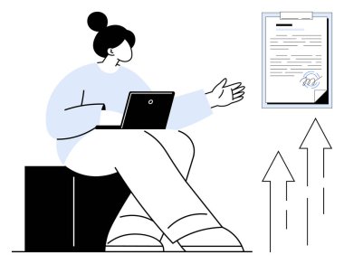 Dizüstü bilgisayarı olan bir kadın evrak bilgilerini, imzalı bir pano, yukarı doğru oklar. İş için ideal, üretkenlik, büyüme, takım çalışması, strateji eğitimi iletişimi. Basit düz metafor