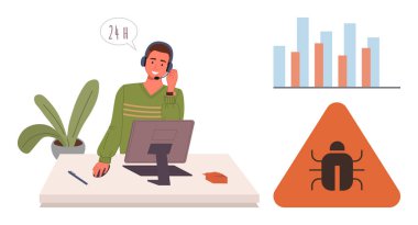 Yazılım konusunda yardımcı kulaklıklı çağrı merkezi ajanı, hata uyarı işareti, veri tablosu analizi. Teknik destek, müşteri hizmetleri, sorun giderme, bilişim çözümleri, analizler, basit takım çalışması için ideal