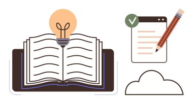 Açık kitap parlayan bir ampul, kurşun kalemle kontrol listesi ve bir bulut ile eşleştirildi. Eğitim, yaratıcılık, düşünme, bilgi paylaşımı, araştırma beyin fırtınası ve e-öğrenme için idealdir. Basit düz