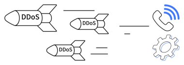 DDoS etiketli füzeler, iletişim ve sistem işlevselliğinin bozulmasını temsil ederek, telefon ve dişli simgelerine doğru hareket ediyor. Siber güvenlik, hackleme, ağ istikrarı, saldırı savunması ve bilişim için ideal
