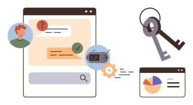Sohbet mesajları, kullanıcı avatarı, arama çubuğu içeren tarayıcı penceresi. Anahtarlar güvenliği, pasta grafiğini ve otomatikleştirilmiş robot simgesini simgeliyor. Teknoloji, siber güvenlik, üretkenlik otomasyonu için ideal.