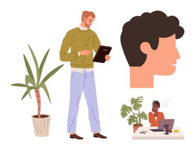 Tablet kullanan bir adam, geniş profilli bir kafa, masa başında çalışan bir kadın, kapalı alandaki bitkiler. Takım çalışması, teknoloji, yaratıcılık, verimlilik iletişimi çalışma alanı dekor işbirliği için idealdir. Basit düz