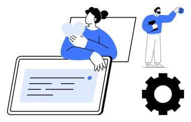 Tabletle kalp tutan bir kadın, diyagramı ve vites sembolü olan fikirler sunan bir adam. Takım çalışması, yaratıcılık, yenilik, teknoloji, bağlantılar, işyeri üretkenliği için ideal basit düz