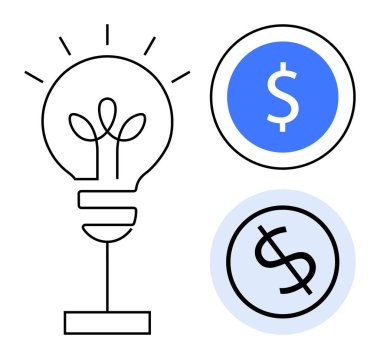 Bitkili ampul yeniliği sembolize eder. Mavi para ve özet para kâr, büyüme ve yatırım öneriyor. İş, finans, yenilik, sürdürülebilirlik, yaratıcılık için ideal başarı