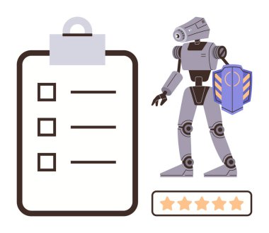 Robot kalkanı kontrol listesi panosu ve beş yıldızlı derecelendirme çubuğunun yanında tutuyor. Otomasyon, yapay zeka değerlendirmesi, kalite kontrolü, güvenlik, performans değerlendirmesi, robot bilimi ve teknoloji için ideal