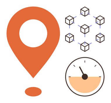 Turuncu lokasyon iğnesi, birbirine bağlı blok küpleri ve verimlilik, teknoloji ve navigasyon temalarını birleştiren hız göstergesi. Lojistik, teknoloji, veri, hız yenilikçiliği bağlantısı için ideal