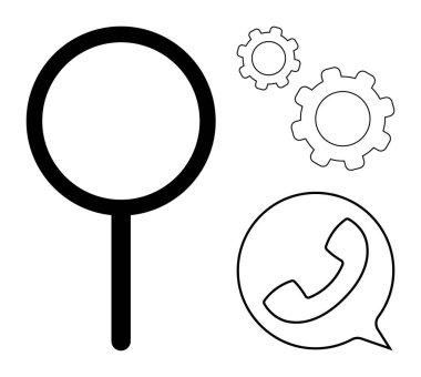 Vitesli büyüteç ve telefon sohbet balonu arama, optimizasyon ve iletişimi sembolize eder. Teknoloji, iş, destek, bağlantı, iş akışı için ideal basit iniş sayfası