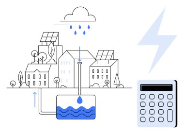 Güneş panelleri, yağmur suyu toplama tankı, hesap makinesi ve yıldırımlı şehir manzarası. Sürdürülebilirlik, yenilenebilir enerji, kaynak korunumu, teknoloji, kentsel yaşam çevre dostu