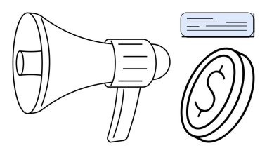 Megafon, metin satırlı konuşma balonu ve iletişimi, reklamı, finans, halk önünde konuşma, duyurular, iş stratejisi ve sosyal nüfuzu gösteren madeni para hattı. Basit bir daire.