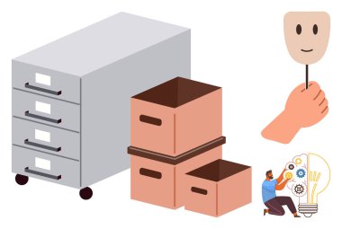 Tekerlekli dosya dolabı, karton kutular, gülümseyen maske, ampulün yanında beyin fırtınası yapan biri. Organizasyon, yaratıcılık, kimlik, depolama, üretkenlik yeniliği için ideal