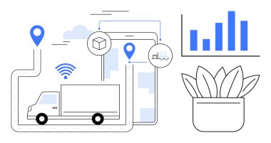GPS, kablosuz takip, tablet arayüzü, analitik şeması ve bitkisi olan bir rotada bir kamyon. Teslimat için ideal, tedarik zinciri, akıllı lojistik, teknoloji veri taşıma stratejisi. A