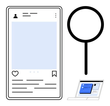 Sosyal medya düzeni, büyüteç ve laptop ekranı içerik incelemesi, arama, analiz ve araştırmayı vurguluyor. Teknoloji, iletişim, pazarlama markalaşma eğitim stratejisi için ideal