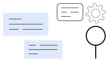 Mesajlar, büyüteç, teçhizat ve belge ikonu arama, analiz, organizasyon ve iletişimi temsil eder. Sorun çözme, takım çalışması strateji eğitimi yenilik araştırması için ideal basit