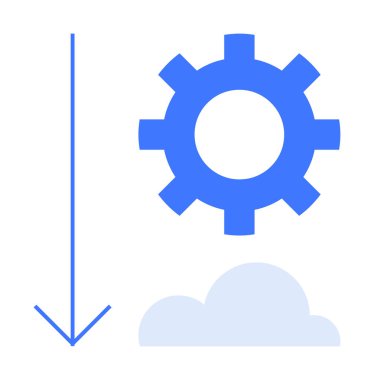 Mavi dişli, aşağı doğru ok ve bulut dijital senkronizasyonu, bulut hesaplamasını ve veri transferini temsil eder. Yenilik, ağ, depolama, indirme verimliliği için ideal basit düz metafor