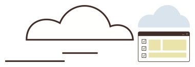 İşlemlerin tamamlandığını gösteren kontrol listesi penceresine bağlı bulut çizgisi. Üretkenlik, organizasyon, görev planlaması, bulut senkronizasyonu, uzaktan çalışma, dijital araçlar, basit düz metafor