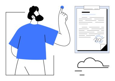 Kontratı imzalamaya hazırlanan kişi, doğrulamayı vurguluyor. Anlaşma için ideal, ortaklık, iş görüşmesi, belge yönetimi, yasal şartlar, karar verme mekanizması, basit daire