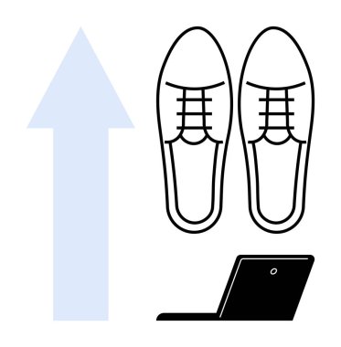 Resmi ayakkabılar, yukarı doğru ok ve dizüstü bilgisayarın tasvirleri kariyer ilerlemesini, iş başarısını, uzaktan çalışmayı, profesyonel büyümeyi, yukarı doğru hareketliliği, gelişmeyi ve basit bir düzlemde başarıyı işaret eder