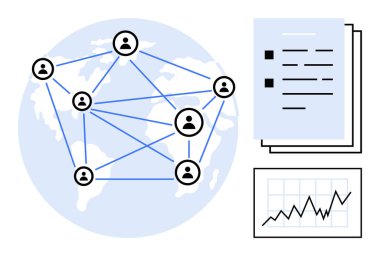 Kıtalar arası bağlantılı kullanıcı ağı, belgeler ve veri analiz grafikleri. Takım çalışması, iletişim, ağ, küreselleşme, bilgi paylaşımı, analitik proje yönetimi için ideal
