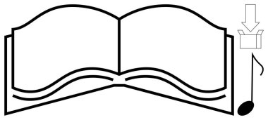 Bir notayla kitabı aç ve oku indir. Öğrenme, eğitim, yaratıcılık, müzik, multimedya, yenilik, dijital platformlar için idealdir. Etkileyici ve basit bir düz metaforu temsil eder.