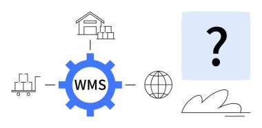 Depoyu, arabayı, küreyi ve bulutu mavi kareye bağlayan WMS teçhizatı. Lojistik, envanter, tedarik zinciri, organizasyon, operasyon teknolojisi karar verme mekanizması için ideal