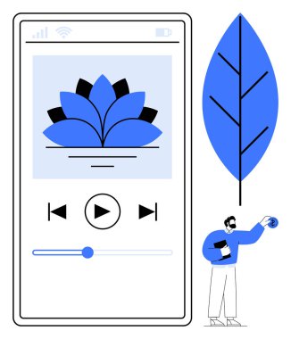 Nilüfer temalı bir ses oynatıcısını oynatma düğmeleri ve kaydıracı ile gösteren akıllı telefon ekranı. Elinde kahve tutan ve doğayla etkileşim halinde olan biri. Sağlık, meditasyon, farkındalık ve rahatlama için ideal.