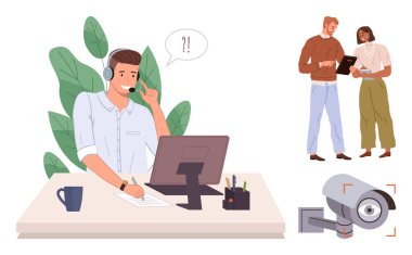 Masada bilgisayarla çalışan kulaklık takan bir adam. Meslektaşları tabletle işbirliği yapıyor. Duvara monte edilmiş güvenlik kamerası. Takım çalışması, teknoloji, müşteri hizmetleri, işbirliği, gizlilik için ideal