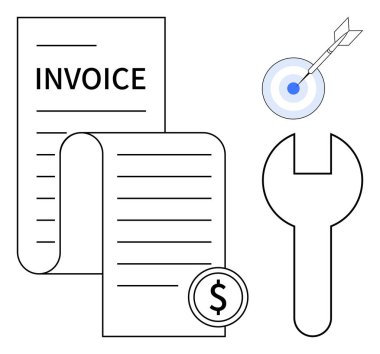 Dolar simgesi, ingiliz anahtarı ve hedef tahtası ile fatura, finansal araçlar ve hedef belirleme sembolü olan fatura belgesi. Finans, muhasebe, iş stratejisi ve fatura ödeme sistemleri için ideal