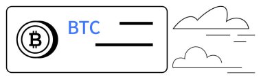 Karttaki Bitcoin simgesi ve BTC metni, dinamik çizgiler ve hız aktaran bulutlara benzeyen dijital bir işleme benziyor. Teknoloji, kripto para birimi, engelleme zinciri, fintech, yenilik, finans için ideal
