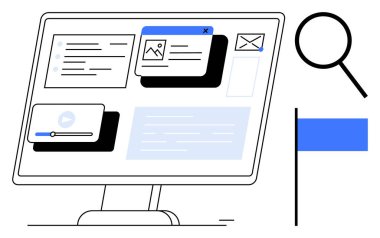 Masaüstü ekranında büyüteç ve bayrak ile multimedya oynatıcı, e-posta, resim dosyaları ve metin düzenleyici görüntülenir. Çalışma akışı, teknoloji, işbirliği, araştırma, organizasyon planlaması için ideal basit