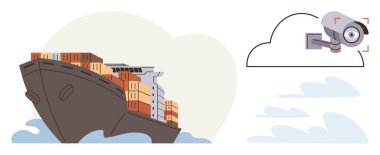 Denizde istiflenmiş konteynırlar taşıyan büyük bir kargo gemisi. Bitişik güvenlik kameraları güvenliği ve izlemeyi vurguluyor. Lojistik, güvenlik, nakliye, deniz ticareti, küresel ticaret, güvenlik için ideal