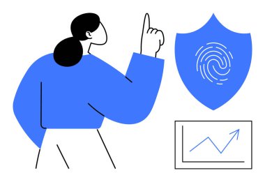 Kadın parmak iziyle kalkanı işaret ediyor, güvenliği simgeliyor, bir grafiğin yanında. Dijital güvenlik, veri güvenliği, biyometrik, büyüme stratejisi, analitik ve teknoloji için ideal basit düz metafor